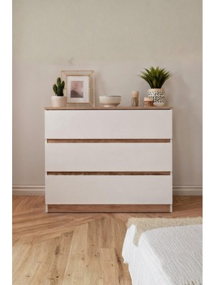 Rudu Asel Şifonyer 89X42X83 cm 3 Çekmeceli 1 Kapaklı Beyaz-Meşe Yatak Odası Bebek Odası Genç Odası