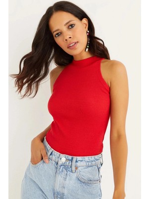 TeknoKapsül Cool & Sexy Kadın Kırmızı Kaşkorse Kolsuz Bluz Yİ1566