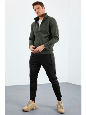 Tommy Life Haki-Siyah Dik Yaka Fermuarlı Standart Kalıp Manşetli Erkek Eşofman Takım - 85160