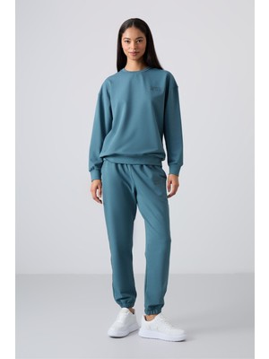Tommy Life Orman Yeşili Basic Pamuklu O Yaka Oversize Lastik Paça Kadın Eşofman Takım - 95287