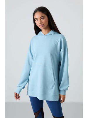 Tommy Life Açık Mavi Balon Kol Yazı Nakışlı Kadın Oversize Tunik Sweatshirt - 97163
