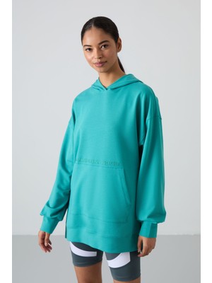 Tommy Life Deniz Yeşili Balon Kol Yazı Nakışlı Kadın Oversize Tunik Sweatshirt - 97163