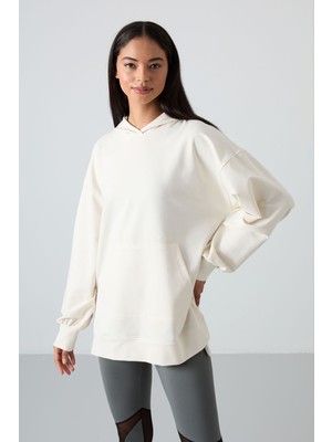 Tommy Life Ekru Balon Kol Yazı Nakışlı Kadın Oversize Tunik Sweatshirt - 97163