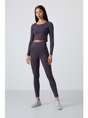 Antrasit Yüksek Bel Uzun Kollu Slim Fit Crop Top Kadın Tayt Takım - 95286