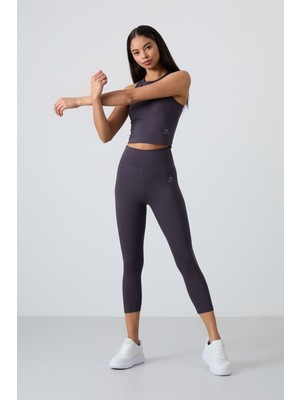 Tommy Life Antrasit Yüksek Bel Kapri-Crop Atlet Slim Fit Kadın Tayt Takım - 95284