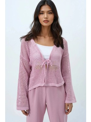 TeknoKapsül Trend Alaçatı Stili Kadın Pudra Pembe Ajurlu Bağlama Detaylı Mevsimlik Crop Triko Hırka ALC-X14320
