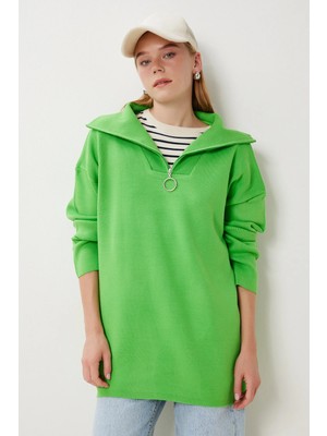 TeknoKapsül Happiness Istanbul Kadın Fıstık Yeşili Fermuarlı Oversize Triko Kazak YY00263