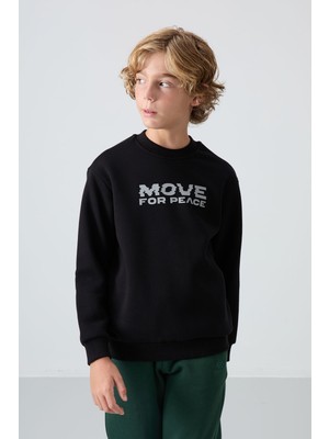 Tommy Life Siyah Pamuklu Kalın İçi Tüylü Yumuşak Dokulu Standart Fit Baskılı Erkek Çocuk Sweatshirt - 11216
