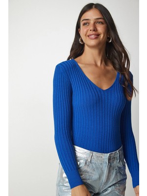 TeknoKapsül Happiness Istanbul Kadın Mavi V Yaka Fitilli Basic Bluz BV00096