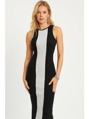 TeknoKapsül Cool & Sexy Kadın Siyah-Gri Kaşkorse Yırtmaçlı Midi Elbise XL2010