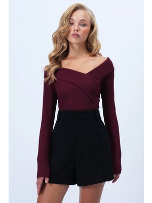 TeknoKapsül Trend Alaçatı Stili Kadın Bordo Geniş Yakalı Ottoban Bluz ALC-X14342