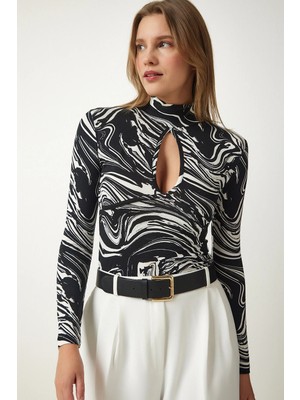 TeknoKapsül Happiness Istanbul Kadın Siyah Cut Out Detaylı Desenli Örme Bluz RX00037