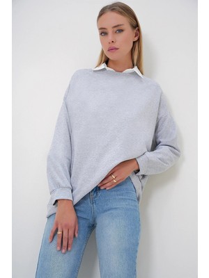 TeknoKapsül Trend Alaçatı Stili Kadın Grimelanj Bisiklet Yaka Basic Oversize Uzun Sweatshirt ALC-X12917