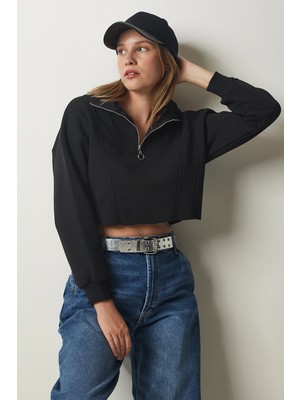 TeknoKapsül Happiness Istanbul Kadın Siyah Fermuarlı Şardonlu Crop Örme Sweatshirt HF00441