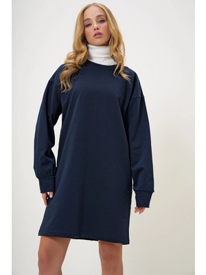 TeknoKapsül Trend Alaçatı Stili Kadın Lacivert Bisiklet Yaka Sweatshirt Elbise ALC-X13137