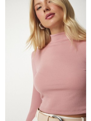 TeknoKapsül Happiness Istanbul Kadın Gül Kurusu Dik Yaka Fitilli Kaşkorse Crop Bluz UB00165