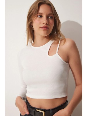 TeknoKapsül Happiness Istanbul Kadın Beyaz Cut Out Detaylı Crop Örme Bluz UB00090
