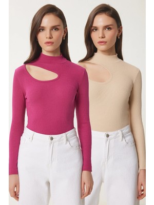TeknoKapsül Happiness Istanbul Kadın Koyu Pembe Krem 2'li Paket Cut Out Detaylı Fitilli Örme Bluz GT00235