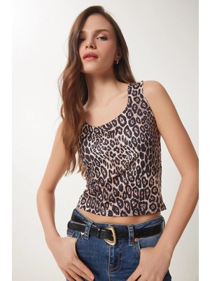 TeknoKapsül Happiness Istanbul Kadın Siyah Bej Leopar Desenli Kolsuz Sandy Bluz AN00225