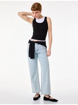 Koton Normal Bel Düz Paça Düğmeli Cepli Taşlı Denim Pantolon - Straight Jeans