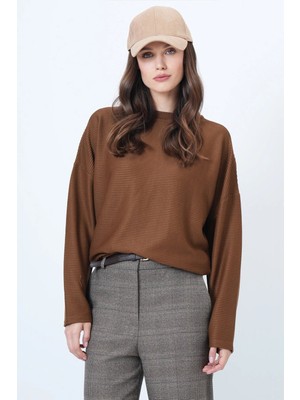 TeknoKapsül Trend Alaçatı Stili Kiremit Bisiklet Yaka Yarasa Kol Geniş Kesim Basic Bluz ALC-X14391