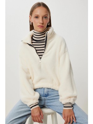 TeknoKapsül Happiness Istanbul Kadın Kemik Fermuarlı Peluş Sweatshirt ZV00343