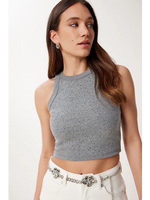 TeknoKapsül Happiness Istanbul Kadın Antrasit Taş Detaylı Halter Yaka Örme Atlet US00969