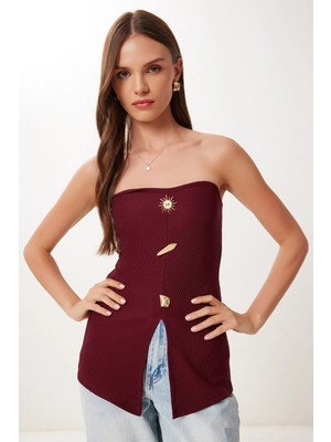 TeknoKapsül Happiness Istanbul Kadın Bordo Gold Aksesuarlı Straplez Fitilli Örme Bluz ZV00331