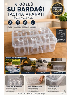 Makri Home 6 Gözlü Plastik Su Bardağı Taşıma ve Saklama Kutusu, 26 x 18 x 11 Cm.