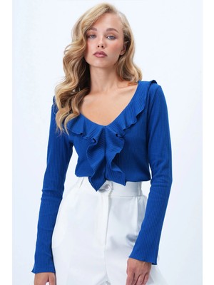 TeknoKapsül Trend Alaçatı Stili Saks V Yaka Önü Fırfır Detaylı Örme Bluz ALC-X14363