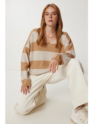 TeknoKapsül Happiness Istanbul Kadın Camel Taş Çizgili Oversize Triko Kazak Kİ00164