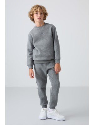Tommy Life Gri Melanj Pamuklu Kalın İçi Tüylü Standart Fit Nakışlı Erkek Çocuk Eşofman Takım - 11249