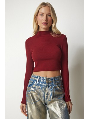 TeknoKapsül Happiness Istanbul Kadın Bordo Dik Yaka Fitilli Kaşkorse Crop Bluz UB00165