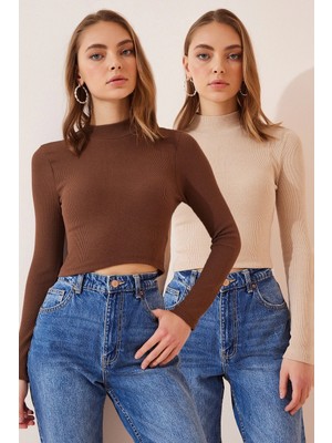 TeknoKapsül Happiness Istanbul Kadın Kahverengi Krem 2' Li Paket Fitilli Balıkçı Yaka Crop Örme Bluz GT00214