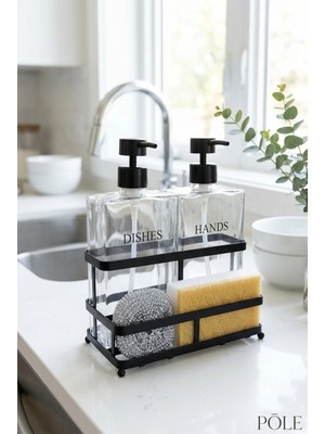 Makri Home Siyah Metal Stantlı Pole Ikili Cam Sıvı Sabunluk Seti – 2 x 500 Ml, 18,5 x 9,5 x 22,5 Cm, Sünger ve Bulaşık Teli Dahil
