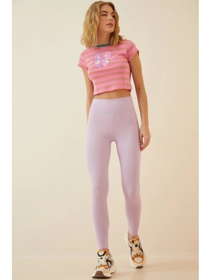 TeknoKapsül Happiness Istanbul Kadın Lila Yüksek Bel Fitilli Dikişsiz Örme Tayt XR00001