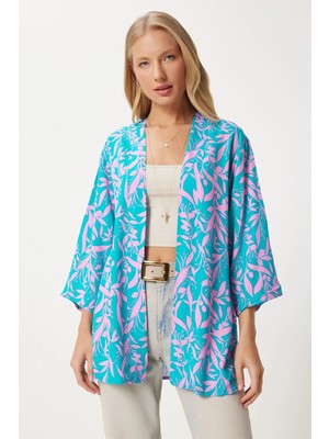 TeknoKapsül Happiness Istanbul Kadın Pembe Gök Mavi Desenli Viskon Kimono EN00615