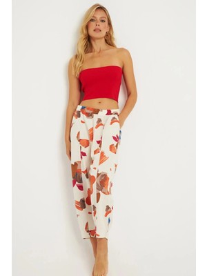 TeknoKapsül Cool & Sexy Kadın Ekru-Kahve Desenli Keten Şalvar Pantolon K1253