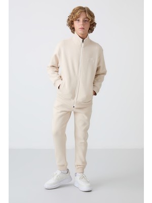 Tommy Life Bej Pamuklu Kalın İçi Tüylü Yumuşak Dokulu Standart Fit Nakışlı Erkek Çocuk Eşofman Takım - 11256