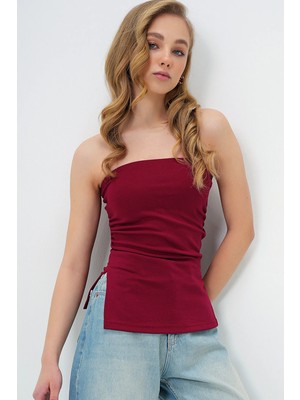 TeknoKapsül Trend Alaçatı Stili Kadın Bordo Straplez Yanı Yırtmaçlı Çelik Örme Bluz ALC-X13752