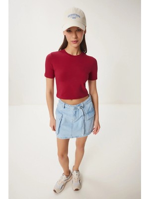 TeknoKapsül Happiness Istanbul Kadın Bordo Bisiklet Yaka Crop T-Shirt UB00064