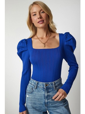 TeknoKapsül Happiness Istanbul Kadın Mavi Kare Yaka Fitilli Triko Bluz YY00159