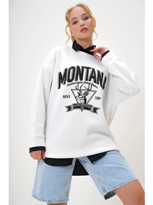 TeknoKapsül Trend Alaçatı Stili Kadın Ekru Bisiklet Yaka Yazı Baskılı Üç Iplik Içi Polarlı Kolej Sweatshirt ALC-X7442