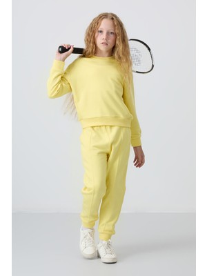 Tommy Life Sarı Pamuklu İçi Tüylü Yumuşak Dokulu Oversize Nakışlı Kız Çocuk Eşofman Takım - 75145