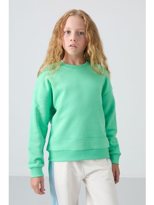 Tommy Life Su Yeşil Pamuklu İçi Tüylü Yumuşak Dokulu Oversize Nakışlı Kız Çocuk Sweatshirt - 75150