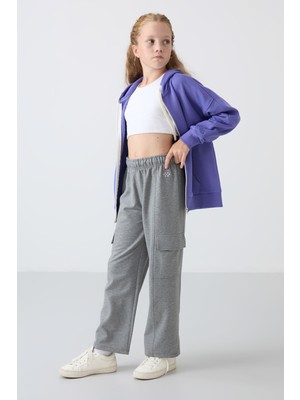 Tommy Life Gri Melanj Kargo Cepli Ön Dikiş Detaylı Geniş Paça Kız Çocuk Eşofman Altı - 75143