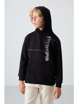 Tommy Life Siyah Pamuklu Kalın İçi Tüylü Yumuşak Dokulu Standart Fit Baskılı Erkek Çocuk Sweatshirt - 11239