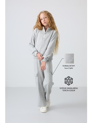 Tommy Life Gri Melanj Pamuklu İçi Tüylü Yumuşak Dokulu Standart Fit Nakışlı Kız Çocuk Eşofman Takım - 75159