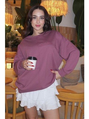 Soft Vişne Kompakt Pamuklu Kalın Pürüzsüz Dokulu O Yaka Oversize Fit Kadın Sweatshirt - 97288