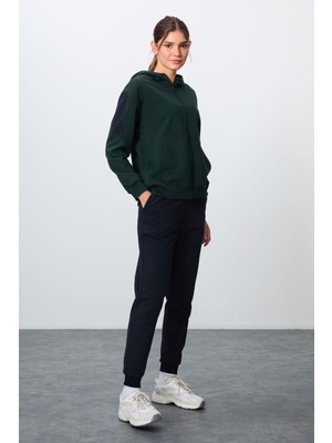 Tommy Life Çam Yeşili-Lacivert Pamuklu Kalın Kapüşonlu Oversize Fit Kadın Eşofman Takım - 95343